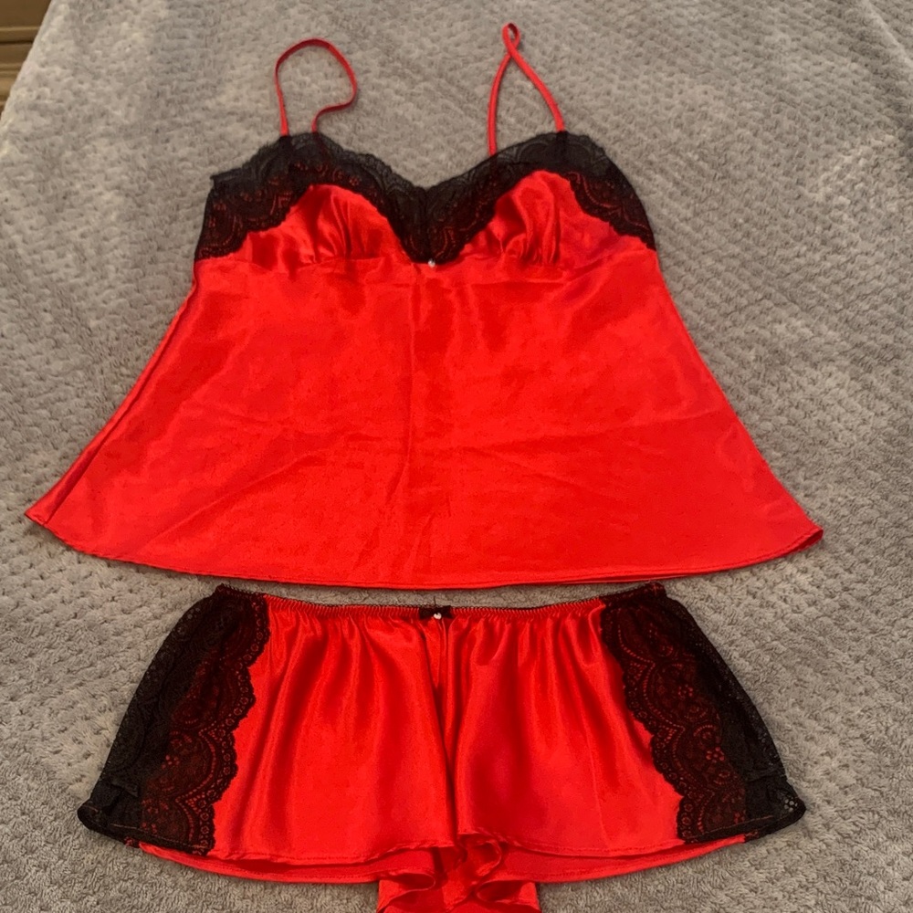 Victoria's Secret Red and Black Lace Chemise Set